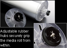 Adjustable rubber hubs securely grip the media roll from within.